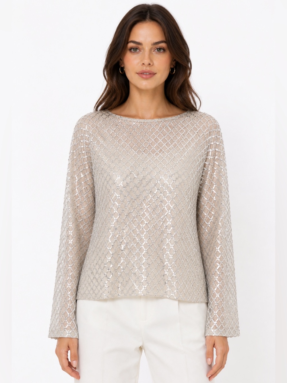 Tamara H Silver Sequin Lattice Overlay Top Sheer Long Sleeve Size Medium